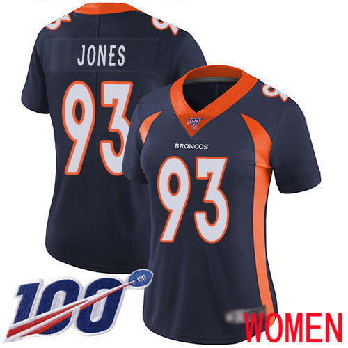 Women Denver Broncos 93 Dre Mont Jones Navy Blue Alternate Vapor Untouchable Limited Player 100th Season Football NFL Jersey